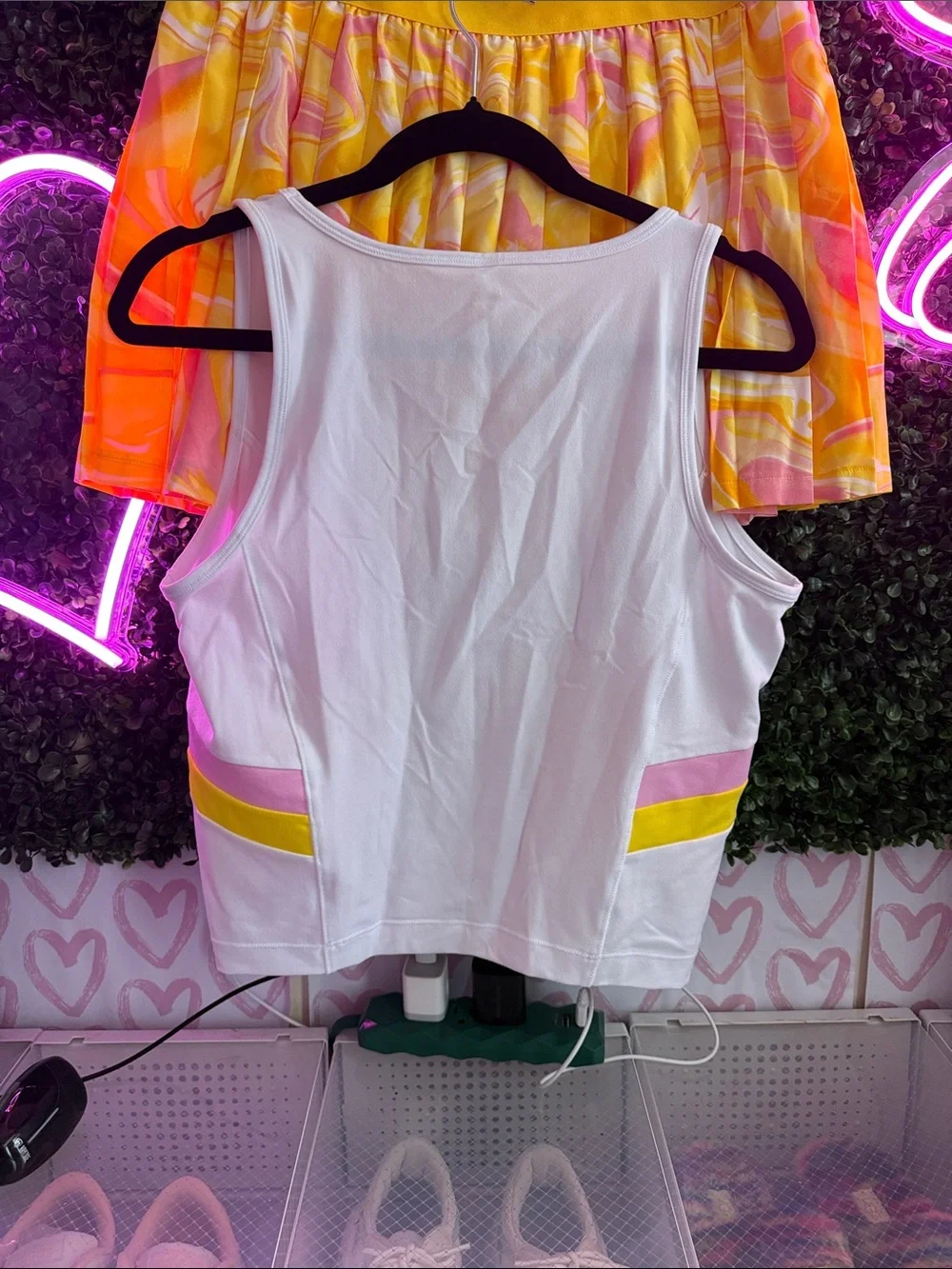 Tennis Set: (L)White Tank w/ Pink & Yellow Accent + (M)Yellow Tennis Swirl Skort